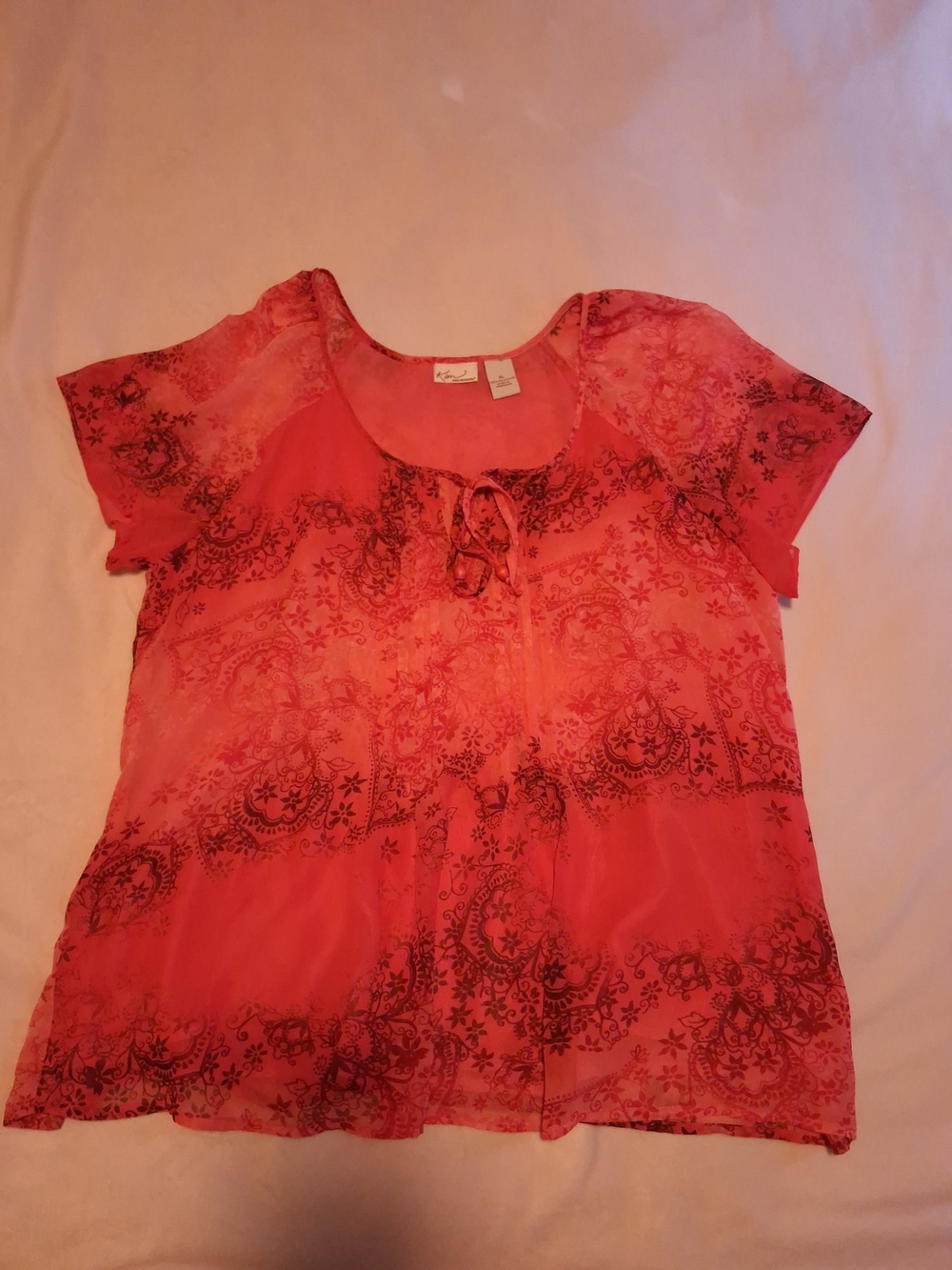 Kim Rogers Coral Pink Sheer Tie-Front Blouse with Black Paisley Print